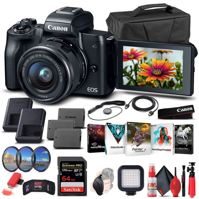 Canon EOS M50 Mirrorless Camera W/15-45mm Lens Black 2680C011 - Advanced Bundle(International Model)