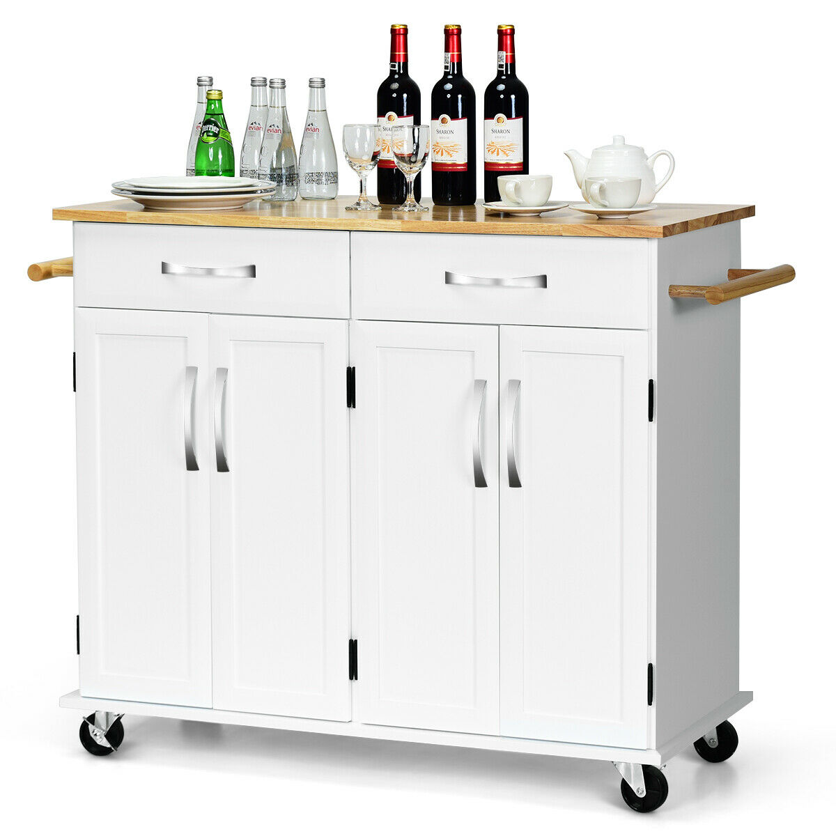 Costway Kitchen Trolley Island Utility Cart Wood Top Rolling Storage Cabinet Drawers