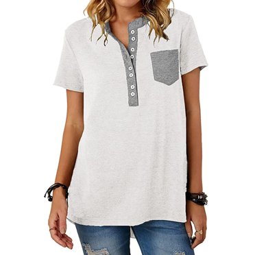 RXIRUCGD T-Shirts à Col en V pour Femmes T-Shirt à Boutons à Manches Courtes pour Femmes T-Shirt Uni Décontracté T-Shirt Ample Sports Plein Air Hauts Hauts d'Été pour Femmes Blanc