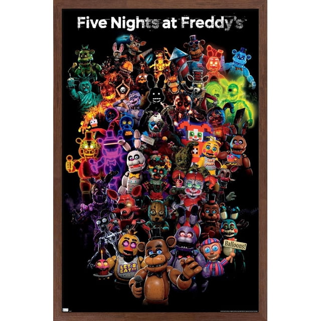 Five Nights at Freddy's : Livraison Spéciale - Affiche Murale Collage, 22,375 Po x 34 Po Présentant une Affiche Brillante avec un Fond Noir, Dense avec des Personnages Animatroniques Colorés du Jeu, Incluant Freddy Fazbear Tenant un microphone au Premier Plan, Entourée de Divers Personnages aux Yeux Lumineux et aux costumes Distincts, Convient pour Décorer des Chambres, des Bureaux Ou des Salles de Jeux.