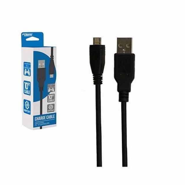 KMD Câble de Charge pour Manettes Sony PS4 avec un Câble micro USB Noir de 10 Pieds Comprenant des Connecteurs USB-A et micro USB, compatible pour Charger et Jouer sur des Manettes PS4, Affiché avec Son Emballage Bleu et Blanc.