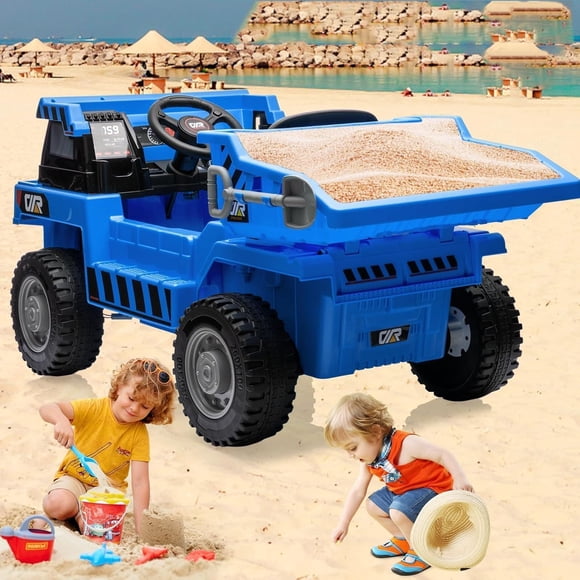 EastVita Camion-Benne 12v à Chevaucher, Camion-Benne à Chevaucher pour 4-8 Ans, Véhicule de Construction 4RM avec Télécommande, Benne Électrique et Pelle, Musique Bluetooth, 2 Vitesses, Bleu (Personnalisé)