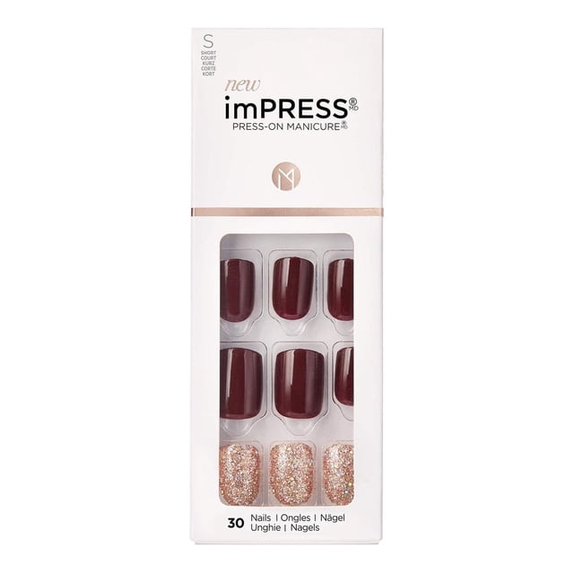 KISS ImPRESS Press-On - Faux Ongles, 30 Unités, Courts, avec des Ongles Press-On Courts en Bourgogne Profond et des Finitions Or rose Scintillantes Exposées dans un Emballage Blanc avec une Fenêtre Transparente, Conçus pour une application Facile, Sans Colle et un Style Naturel.