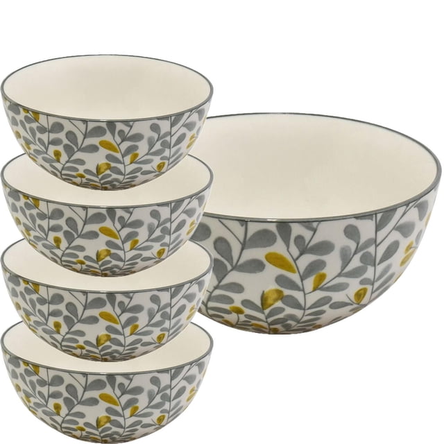 Ensemble de 5 Bols Milo avec Quatre Bols en Porcelaine de 10 cm et un de 20 cm, Présentant un Intérieur Blanc et un Extérieur Motif de Feuilles Grises et Jaunes, Va au four jusqu'à 280 °C, Va au Lave-Vaisselle et au Micro-Ondes, Convient pour le Service et l'Usage Décoratif en Cuisine.