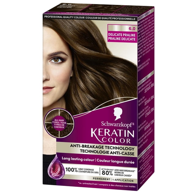 Schwarzkopf Keratin Color Permanent Hair Color Cream in shade 6.0 Delicate Praline with anti-breakage technology, 100% gray coverage, and long-lasting colour for all hair types, providing up to 80% less hair breakage.