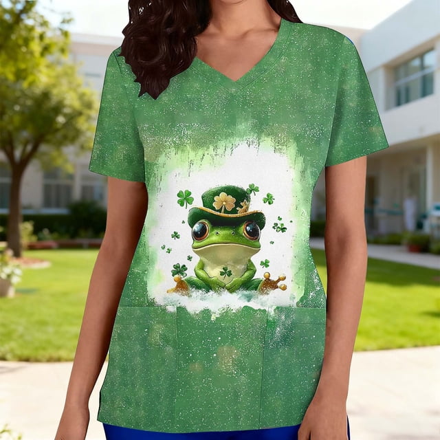 Mceream Nurse St Patricks Day Shirt for Womens Breathable Plus Size Nurse Working Uniform Shamrocks Print Scrub Tops V Neck Short Sleeve Fun Nursing Uniforms Green XXXXXL