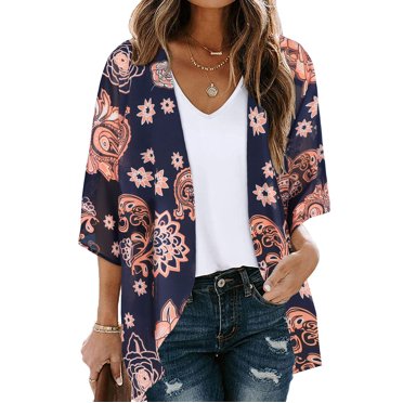 EQWLJWE Cardigans Kimono pour Femmes Cardigan Kimono à Imprimé Floral pour Femmes à Manches Bouffantes Ample en Chiffon Couvre-Maillot Hauts Décontractés Vêtements en Rabais Hauts Grande Taille pour Femmes