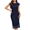 thumbnail image 1 of HKEJIAOI Robe Midi Moulante en Dentelle pour Femmes à Manches Courtes, Col Rond, Robe Formelle pour Fête, Bal de Promo, Cocktail, Robe de Soirée Unie, Bleu Marine m, 1 of 9