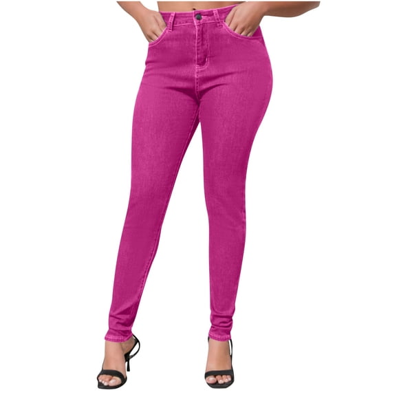 Pisexur Womens Pants Fashion High Waisted-Rise Jeans for Women Casual Stretch Slim Fit Zipper Closure Denim Pants Garment-Dyed Skinny Jeans with Pocket S-2XL Pink
