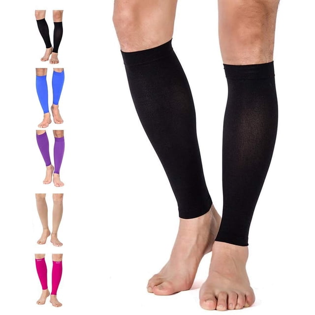 GHSDFBB ® Manchon de Compression pour Mollet, une Paire de Bas de Compression Sans Pied avec une Compression Graduée de 20-30 mmHg, Illustrés en Noir sur les Jambes d'Un Modèle. Faits de 77 % de nylon et 23 % d'Élasthanne, Ces Manchons Légers, Respirants et Durables Sont Conçus pour Améliorer la circulation Sanguine, Réduire l'Enflure et Soulager la fatigue Musculaire. Offerts en Plusieurs Tailles de Petite à 5X-grande, avec des options de Couleur Supplémentaires Affichées à