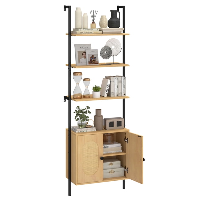 Costway 1 PCS Ladder Bookshelf with Rattan Cabinet, a 71-inch tall wall-mounted bookcase in natural wood color. Features three open shelves for books, decor, and plants, and a double-door rattan cabinet for additional storage. Sturdy metal frame with wall anchors ensures stability. Ideal for living rooms, bedrooms, or offices.