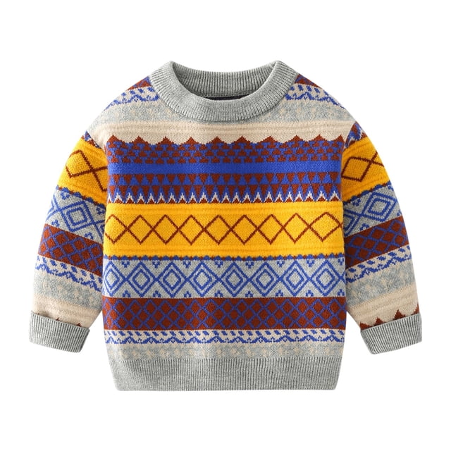 MIASHUI Chandail à Col Rond pour Garçons et Filles Tout-Petits, Manches Longues, Rayé, Tricot, Hiver, Gris, 3-4 Ans