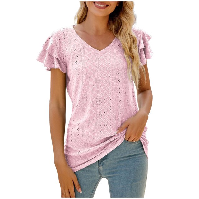 RKSTN Womens Tops Fashion Mesh Breathable Short Sleeve V-Neck Blouse Tops Comfortable Temperament Solid Color Tops