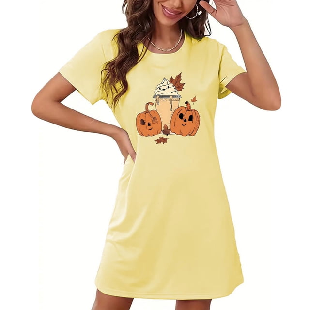Sakmal Courtes Femmes Moomoo Chemises de Nuit Mignonnes Grande Taille Halloween Robe de Nuit Jaune Imprimé Citrouille Manches Courtes Chemises de Nuit pour Femmes