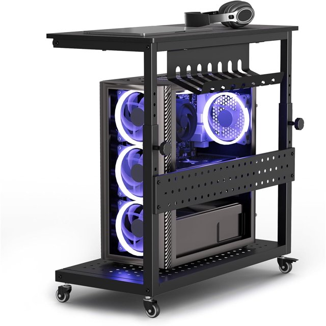 Adjustable Computer Tower Stand with Storage Rack 2-Tier Rolling CPU Holder Cart with Locking Wheels for Home Office Gaming Black