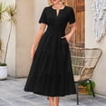 thumbnail image 2 of biudgviw Robes Maxi pour Femmes Été Manches Courtes Col en V Oeillets Ajouré à Étages Robe Trapèze Fluide Robe de Plage Vacances, 2 of 5