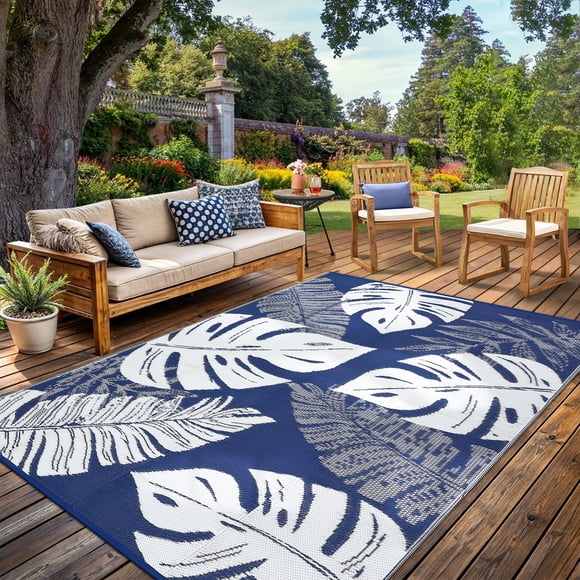 Nanan 9'x12' Tropical Leaf Outdoor Rug, Waterproof UV Resistant Easy Clean Plastic Patio Carpet for Garden RV Deck Poolside,Navy White
