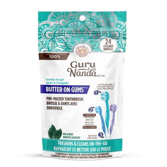 GuruNanda Butter on Gums Mini Travel Toothbrushes - Soft Bristles with Toothpaste - 24 Count