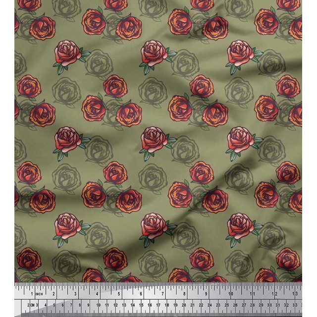 Soimoi Tissu en Voile de Coton Vert Imprimé Feuilles & Roses au Mètre 42 Pouces de Large