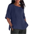 thumbnail image 1 of Olyvenn Chemises en Lin pour Femmes 2025 Basiques Grande Taille Manches 3/4 Hauts Été Décontractés Col Rond Chandail Blouse Tunique T-Shirt Bleu Marine P, 1 of 4