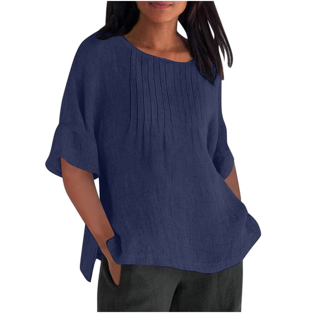 Olyvenn Chemises en Lin pour Femmes 2025 Basiques Grande Taille Manches 3/4 Hauts Été Décontractés Col Rond Chandail Blouse Tunique T-Shirt Bleu Marine P