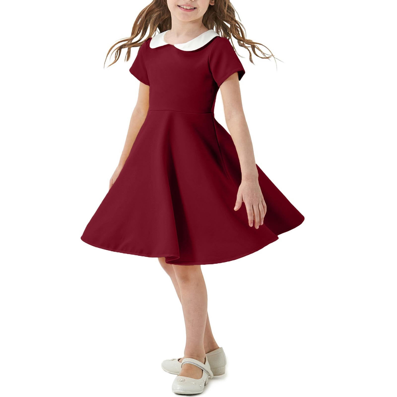 Bwiyojiz Robe Décontractée d'Été à Manches Courtes Unie pour Filles, Tailles Mode 100-150, Enfants Moyens à Grands, Rouge