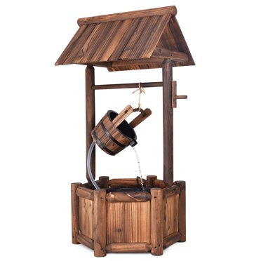 Patiojoy Rustic Wishing Well Water Fountain Wooden Decorative Electric Backyard with Electric and Water Bucket Pump for Outdoor