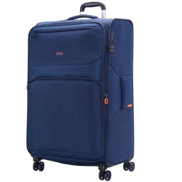 JUMP (Moorea) Valise Extra-Grand - Chef-D'œuvre Française à Parois Souples avec 4 Roues, Ultralégère et Extensible. Cette Valise Enregistrée Extra-Grand Présente une Conception à Parois Souples de Couleur Bleu Foncé, Équipée de Quatre Roues Pivotantes à 360 Degrés, d'Un Cadenas TSA Intégré et de Fermetures Éclair Antivol. Elle Comprend une Poignée Télescopique Multi-Positions à Tirer, un Intérieur Doublé avec des Sangles de Soutien, des Poches Zippées et Deux Compartiments avant Zippés pour un Rangement Accru. Dimensions : 34.6 x