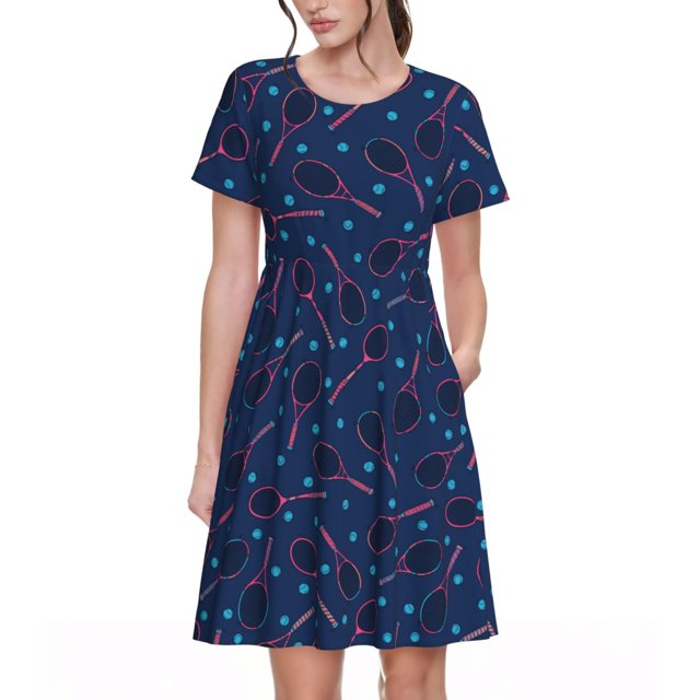 Bixox Women's Short Sleeve Summer Dress Loose Swing Knee Length Dresses with Pockets-Tennis Racket