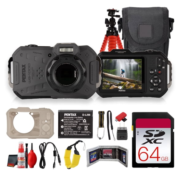 Ricoh PENTAX WG-1000 Digital Camera Gray | Compact Point and Shoot Camera for Travel, Everyday Photos and Outdoor Use (02155) + 64GB Card +More(15pc Bundle)