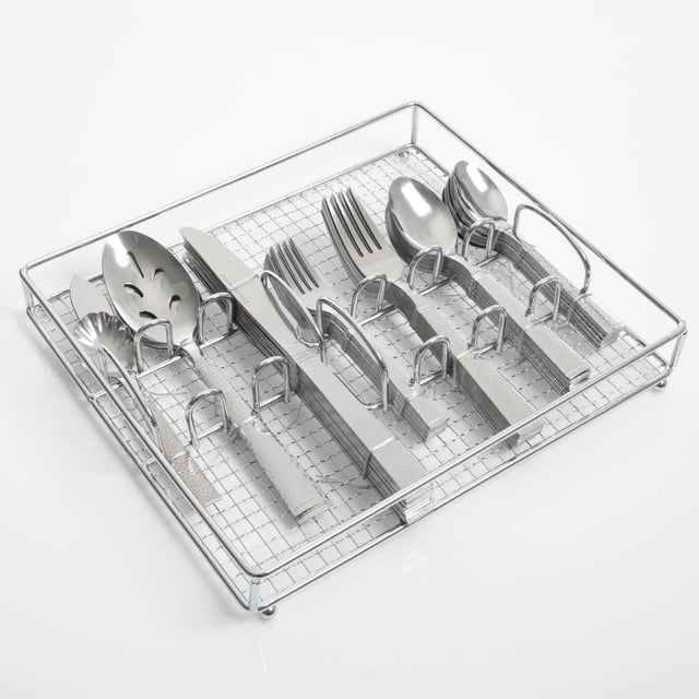 Gibson Home Prato 65 piece flatware set with tumble finish including knives, forks, spoons and serving utensils neatly arranged in a silver wire caddy.