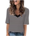 thumbnail image 1 of Penkiiy T-Shirts à Manches Courtes à Blocs de Couleur Rayés pour Femmes, Col Rond, Décontractés, Amples, Chandails à Enfiler, Hauts d'Été, Tee-Shirt, m, Noir, 1 of 5