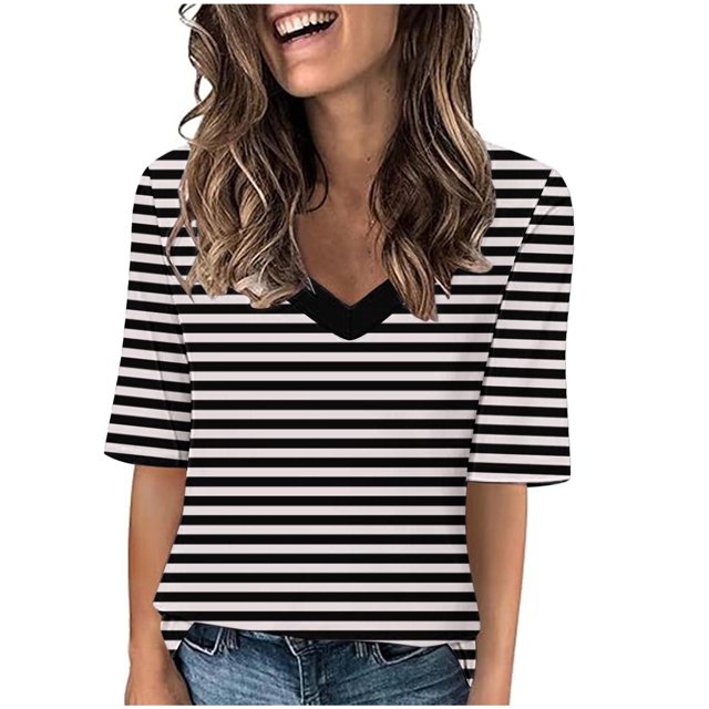 Penkiiy T-Shirts à Manches Courtes à Blocs de Couleur Rayés pour Femmes, Col Rond, Décontractés, Amples, Chandails à Enfiler, Hauts d'Été, Tee-Shirt, m, Noir
