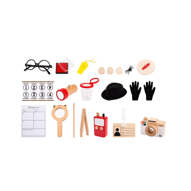 Kids Detective Kit - Pretend Play Toy with Detective Tools, including magnifying glasses, fingerprint powder, evidence cards, gloves, a hat, a camera, and a walkie-talkie. This educational role-playing toy promotes problem-solving, teamwork, and logical thinking for children aged 5 and up, ideal for imaginative crime-solving activities.
