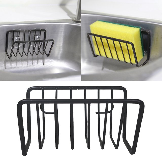 Oleegame 1PC Spoon And Lid Rest Kitchen Sink Storage Organizer Caddy Small Holder For Sponges Soaps Scrubbers Quick Drying Open Wire Basket With Strong Suction Cups Ronde Collection Black