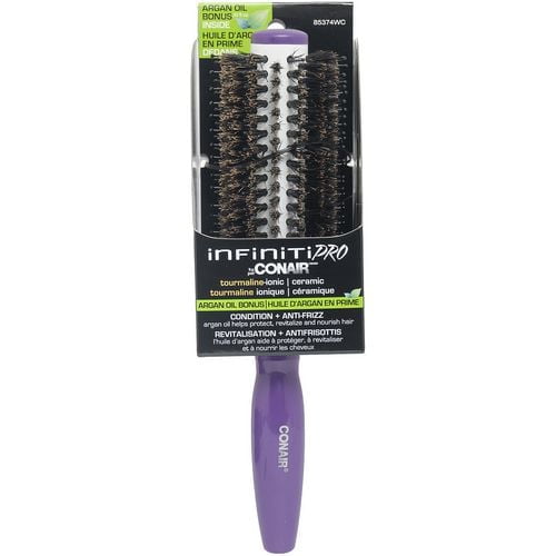 infinitiPRO by Conair Styling Hair Brush with purple ergonomic handle and round ceramic barrel featuring tourmaline-ionic bristles to reduce frizz and add shine, suitable for all hair types, includes argan oil bonus for conditioning and anti-frizz benefits