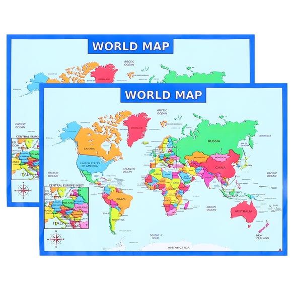 2Pcs World Map Children Preschool Poster Household Kids Cognitive Poster