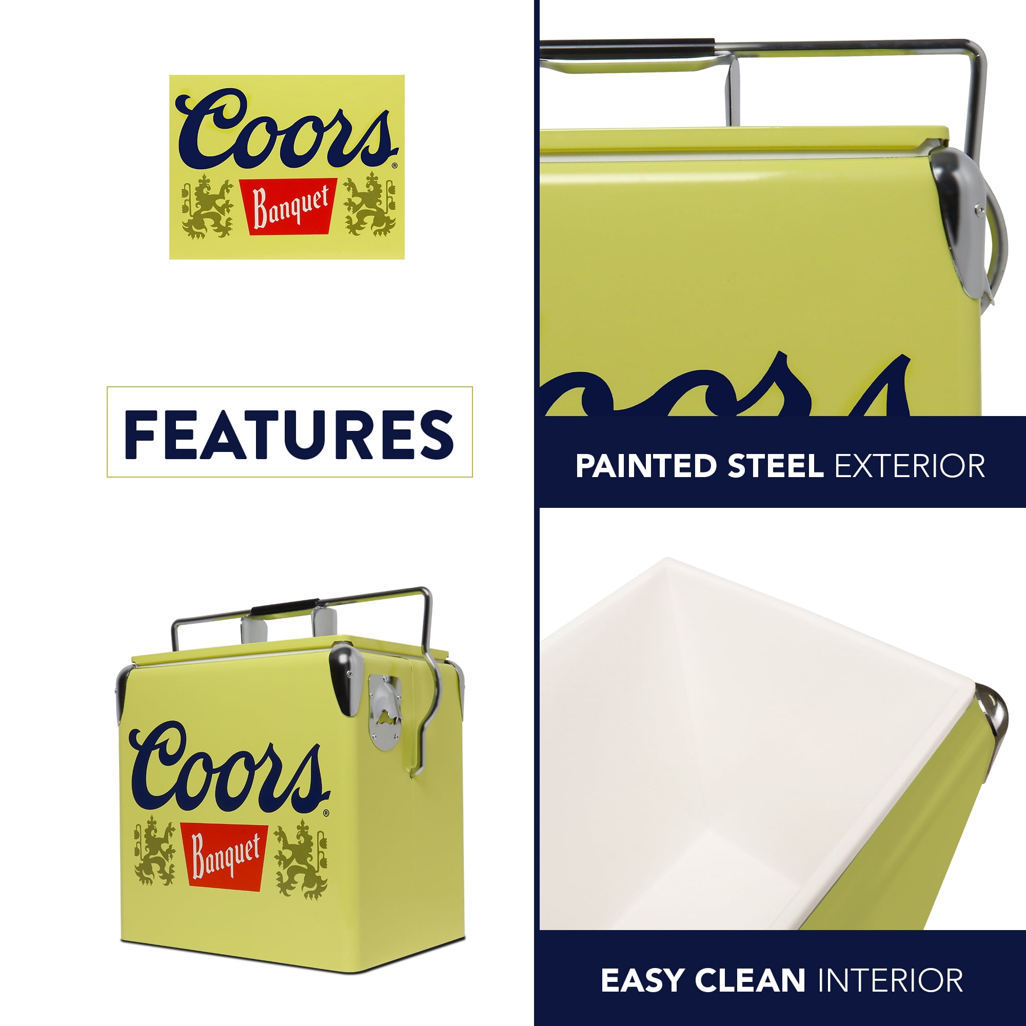 Coors Banquet 14-Quart Retro Ice Chest Cooler with Bottle Opener, 13L, Yellow/Silver