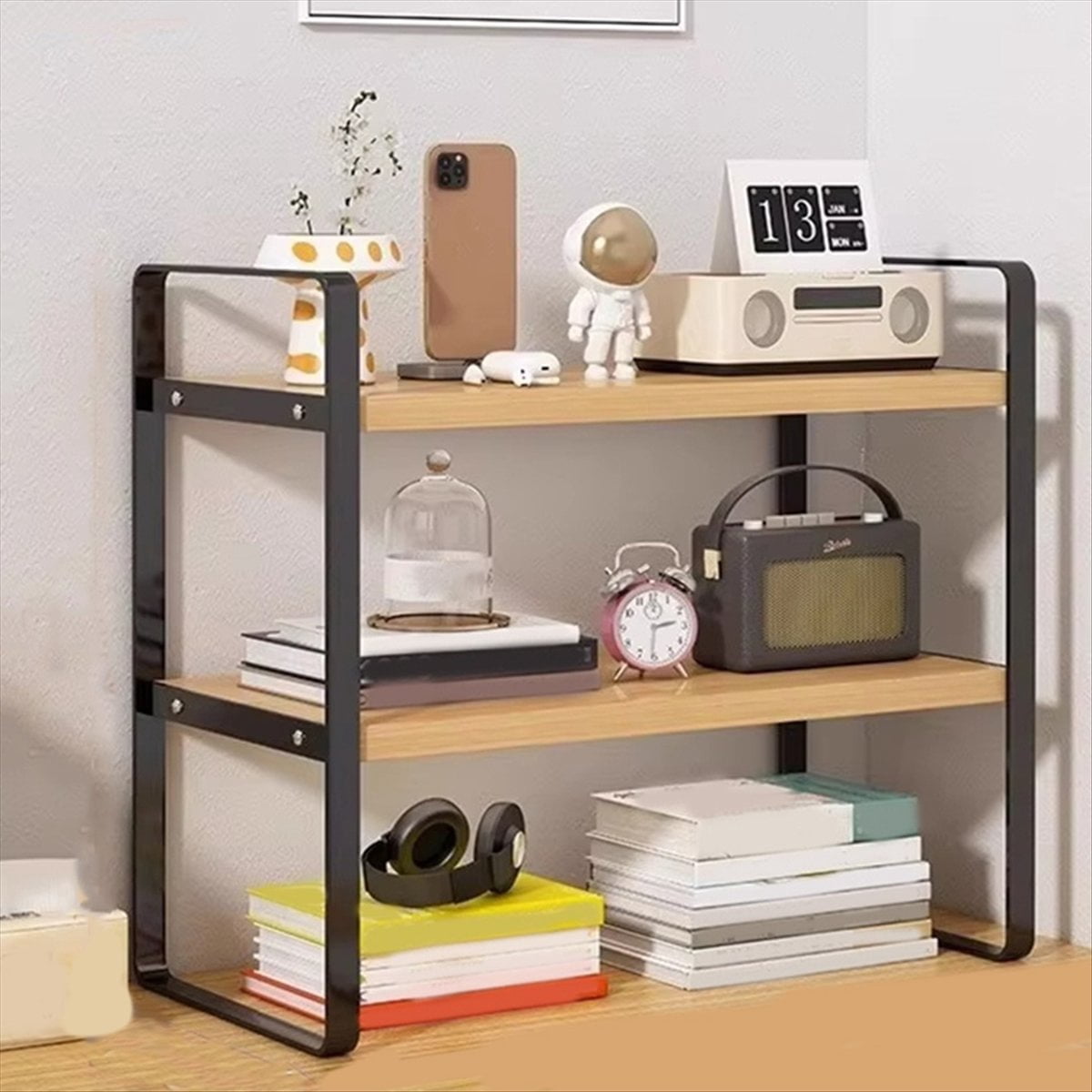 Desktop Organizer Shelf,2Tier Multipurpose Wood Office Desk Storage Rack,Small Computer Desk Bookshelf for Home Office B