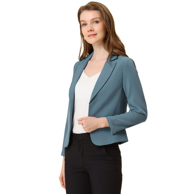 INSPIRE CHIC Blazer pour Femme à devant Ouvert Veste de Tailleur Courte d'Été pour le Travail Bleu Gris-Uni TP