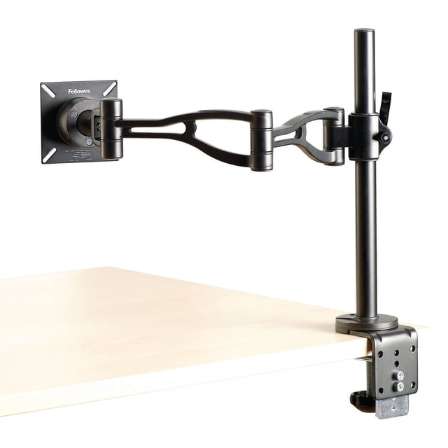 Fellowes Bras d'Écran à Profondeur Réglable en Noir Mat, Serré sur un Bord de Bureau en Bois Clair, Doté de Deux Bras Articulés avec des Découpes, d'Un Poteau vertical pour le Réglage de la Hauteur et d'Une Plaque Carrée de Montage VESA Étiquetée Fellowes. Idéal pour une Vision Ergonomique et le Réglage de la Hauteur de l'Écran.
