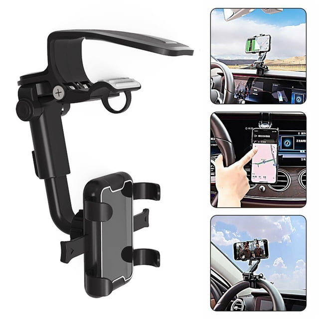 Car Phone Mount, EDHITNR 360° Rotation Dashboard Phone Holder, Non-Slip Stable Grip Universal Car Phone Clip for Sun Visor Steering Wheel GPS Navigation