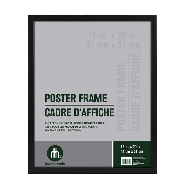 hometrends Gallery Black Poster Frame 16 x 20 inches with a clean black border and clear plastic polystyrene lens, designed for oversized photos, posters, and art prints, includes hardware for vertical or horizontal hanging, often used to personalize home or studio spaces.
