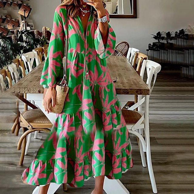 EGNMCR Robes de Fête pour Femmes Mode Robe Décontractée pour Femmes Printemps et Été à Col en V à Manches Trois-Quarts Imprimée