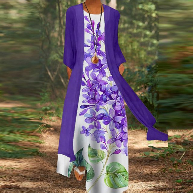 Pisexur Robes de Printemps pour Femmes 2022, Ensemble Deux Pièces Fluide à Imprimé Floral, Robe en Chiffon Décontractée à Col Ras du Cou, Robe Maxi Sans Manches