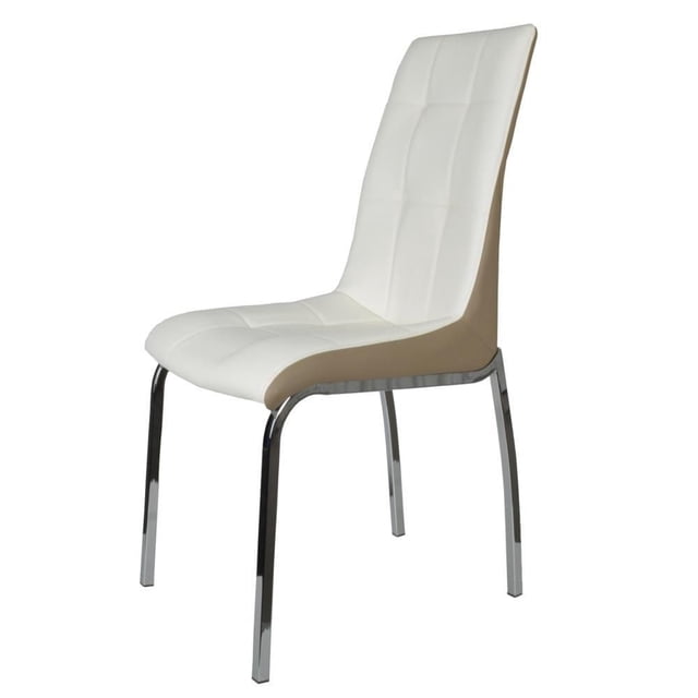Canadian Martino Dining Chair Light Brown (Set of 2) with a high back and cushioned seat upholstered in white and light brown PU leather, supported by strong chrome legs, suitable for kitchen and dining seating.