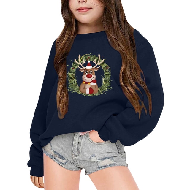 PMVFHDE Liquidation Chandails en Molleton de Noël Enfants Automne et Hiver Manches Longues Imprimé de Noël Col Rond Chandail à Capuchon pour Garçons et Filles Plus Chaud Chandail à Capuchon Manteau Vêtements Filles, Marine, 6-7 Ans