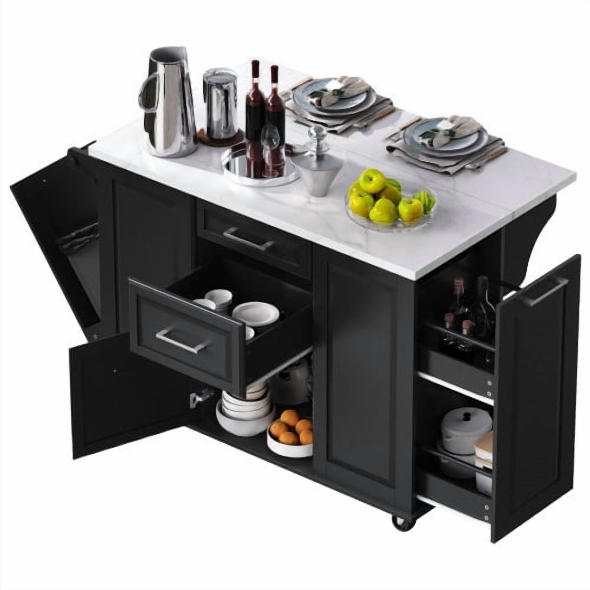 Homy Casa Îlot de cuisine roulant 50,7 po avec rangement, abattant, armoire basculante pour poubelle, organiseur coulissant, 2 tiroirs, noir