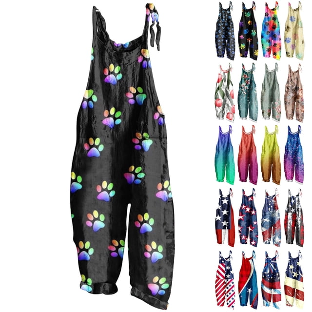 QATAINLAV Womens Casual Summer Linen Jumpsuits Adjustable Spaghetti Strap Long Wide Leg Rompers 4th of July American Flag Overalls Multicolor XL Prime Sales