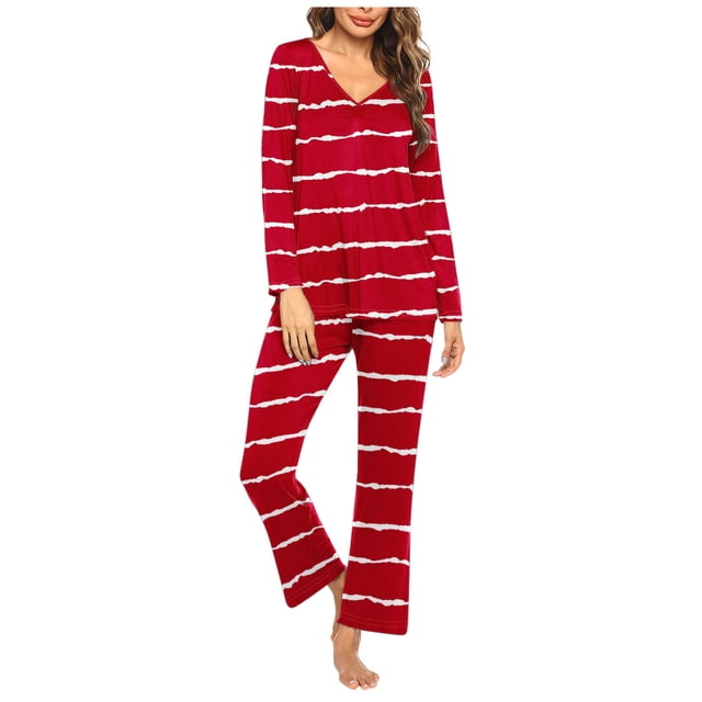 Timegard Ensembles de Pyjamas pour Femmes 2 Pcs à Rayures Manches Longues Col en V Haut Froncé et Pantalon Tenues de Pjs d'Automne